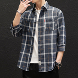 2023新款七分袖格子衬衫男士韩版修身青年帅气衬衣1301-CS106-P30，男装衬衫，星座1301