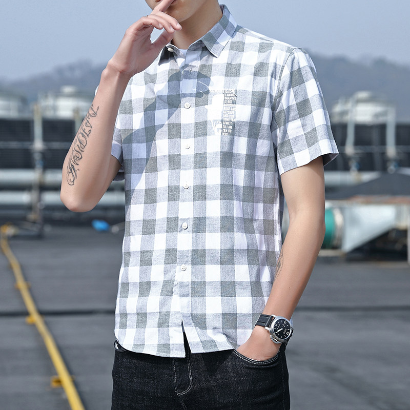 纯棉格子衬衫男短袖夏季薄款韩版半袖衬衣潮XZ1301-CS87-P35,男装衬衫,星座1301