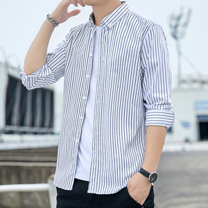 韩版条纹衬衫男长袖修身衬衣青年帅气休闲寸衫1301-CS122-P28,白球衣里面搭配黑衬衫图片