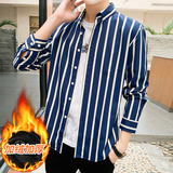 冬季男士保暖衬衫韩版潮流修身帅气条纹衬衣男1301-CS122加绒-P40，男装衬衫，星座1301