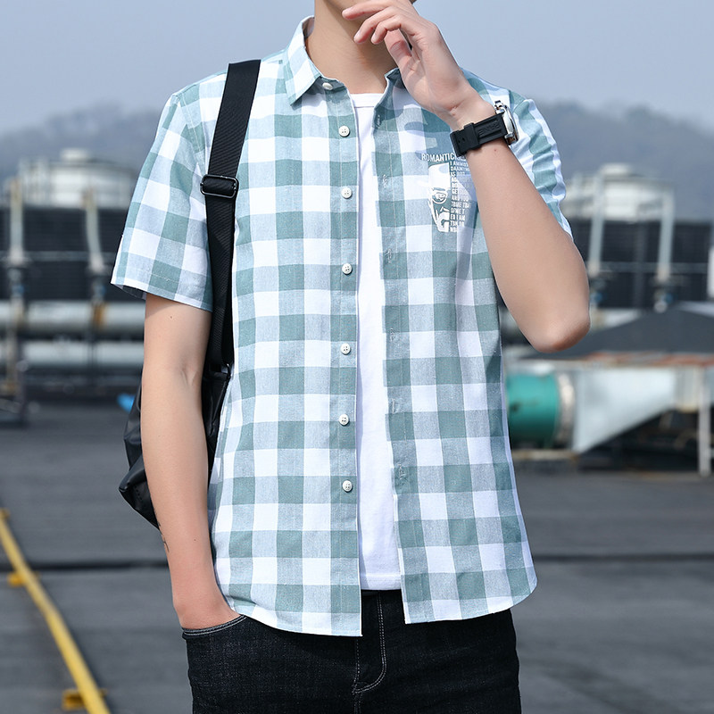 夏季纯棉格子衬衫男短袖韩版修身衬衣青少年半袖XZ1301-CS87-P35,男装衬衫,星座1301