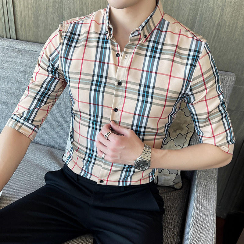 2024新款格子衬衫男夏季七分袖韩版修身中袖衬衣潮1301-CS127-P30,男装衬衫,星座1301