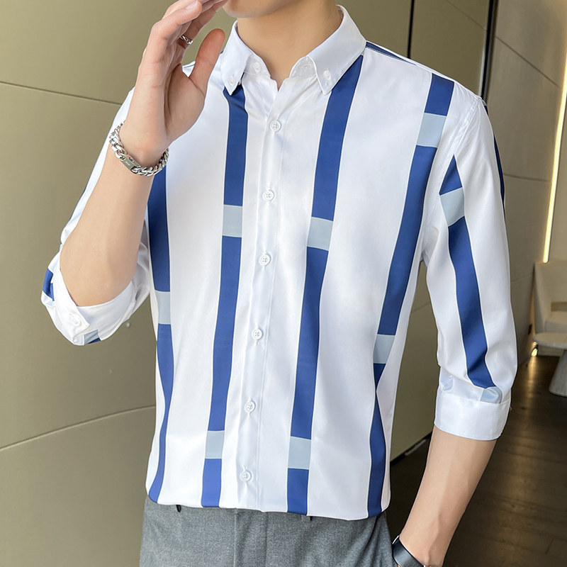 夏季男士条纹衬衫七分袖韩版修身青年帅气中袖衬衣1301-ZX175-P28,男装衬衫,星座1301