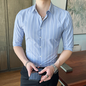 条纹衬衫男七分袖韩版修身衬衣青年中袖寸衫潮1301-CS130-P28图片