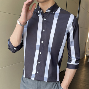 夏季男士条纹衬衫七分袖韩版修身青年帅气中袖衬衣1301-ZX175-P28图片