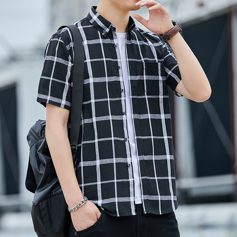 夏季格子衬衫男士短袖韩版修身帅气百搭衬衣潮1301-CS109-P25,男装衬衫,星座1301