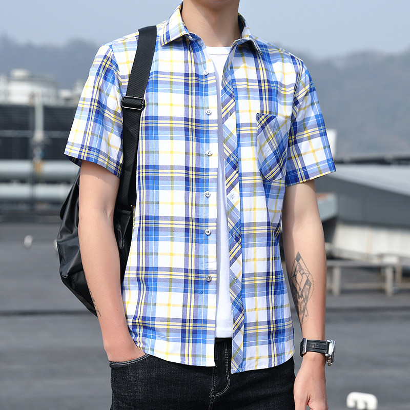 夏季格子衬衫男短袖透气薄款青年帅气百搭衬衣潮1301-D89-D90-P28,男装衬衫,星座1301