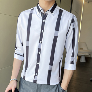 夏季男士条纹衬衫七分袖韩版修身青年帅气中袖衬衣1301-ZX175-P28图片