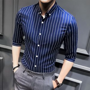 2024新款男士七分袖条纹衬衫夏季薄款帅气青年衬衣 1301-CS73-P20图片