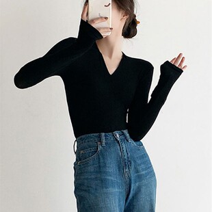 T恤黑色内搭 女春秋冬2025性感显瘦上衣长袖 高级感修身 深V领打底衫