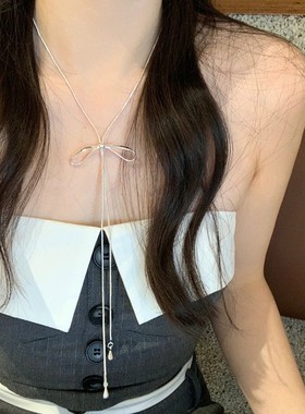 韩国蝴蝶结吊坠长拉出项链的妇女简单利基多功能毛衣链吊带颈部配