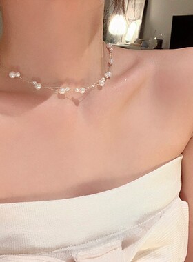 韩系双层珍珠满天星项链女高级感轻奢小众颈链配饰锁骨链choker