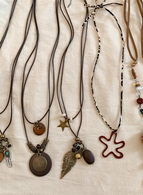 民族风新中式古铜圆盘叠戴项炼女波西米亚风长版毛衣炼 炼 挂颈配