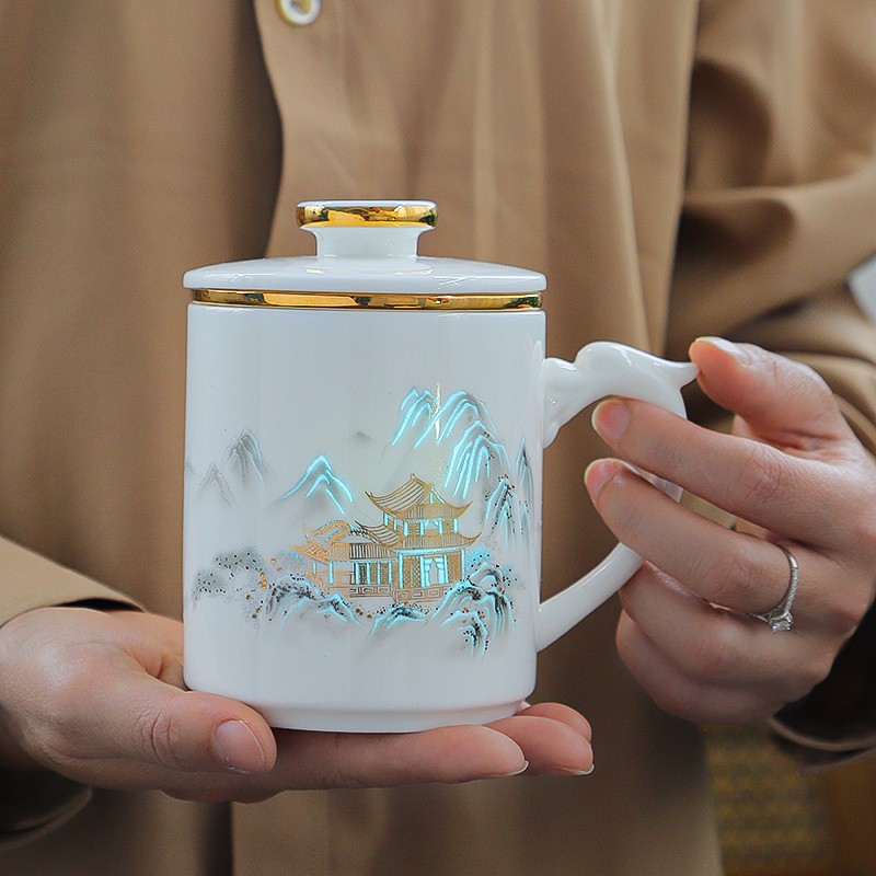 羊脂玉办公杯带盖过滤茶水分离大容量陶瓷马克杯办公室泡茶杯水杯