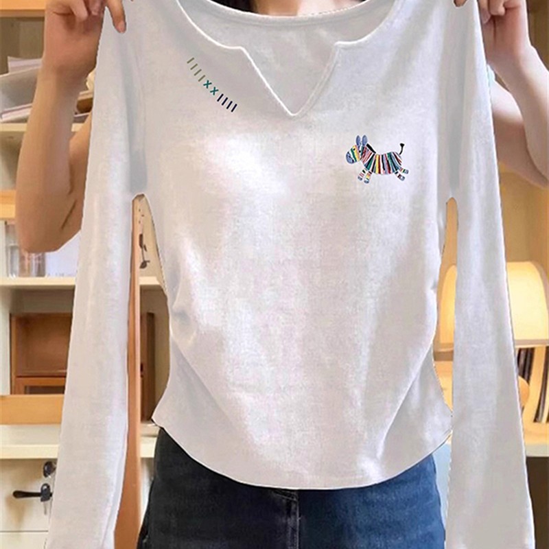 早秋2025新款chic别致印花纯棉v领长袖t恤女超好看内搭打底衫上衣