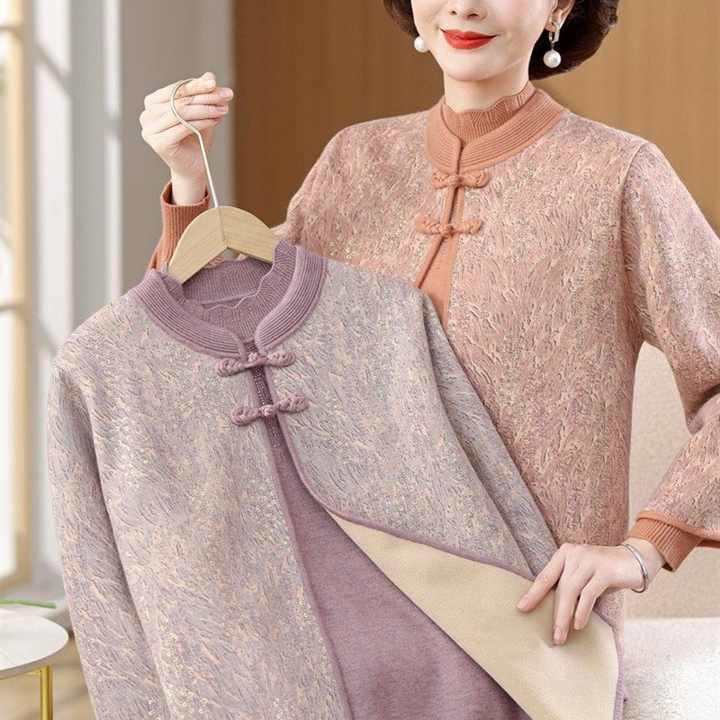 妈妈秋冬装国风两件套上衣服2025新款中老年人女加绒外套保暖套装