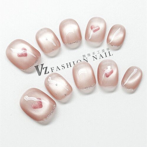 手工指甲新的手绘透明裸粉色爱猫眼可爱美甲指甲假指甲贴片短风格