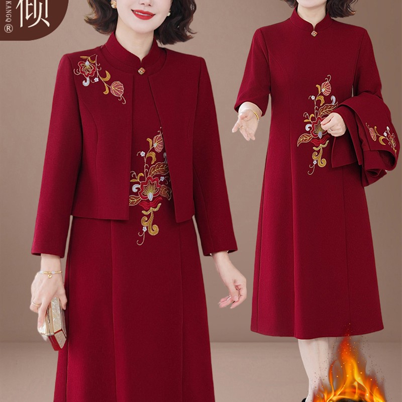 喜婆婆婚宴装2025新款加绒加厚结婚礼服女喜妈妈秋冬装连衣裙套装