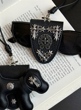 黑色小狗十字架皮革磁吸眼镜夹项炼女太阳眼镜收纳长版挂颈配饰毛