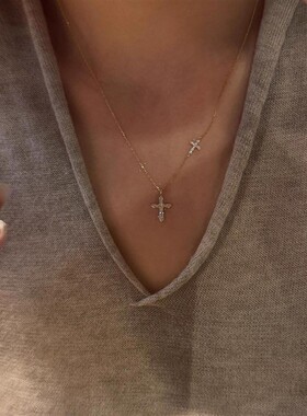 金色双十字架吊坠项链女款爆闪精致简约百搭轻奢高级感小众锁骨链