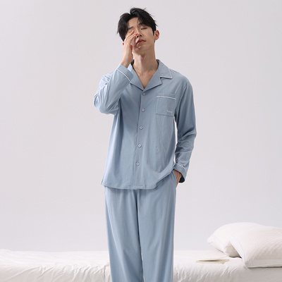 2026年新款睡衣男春夏秋款纯棉长袖开衫纯色简约全棉家居服套装