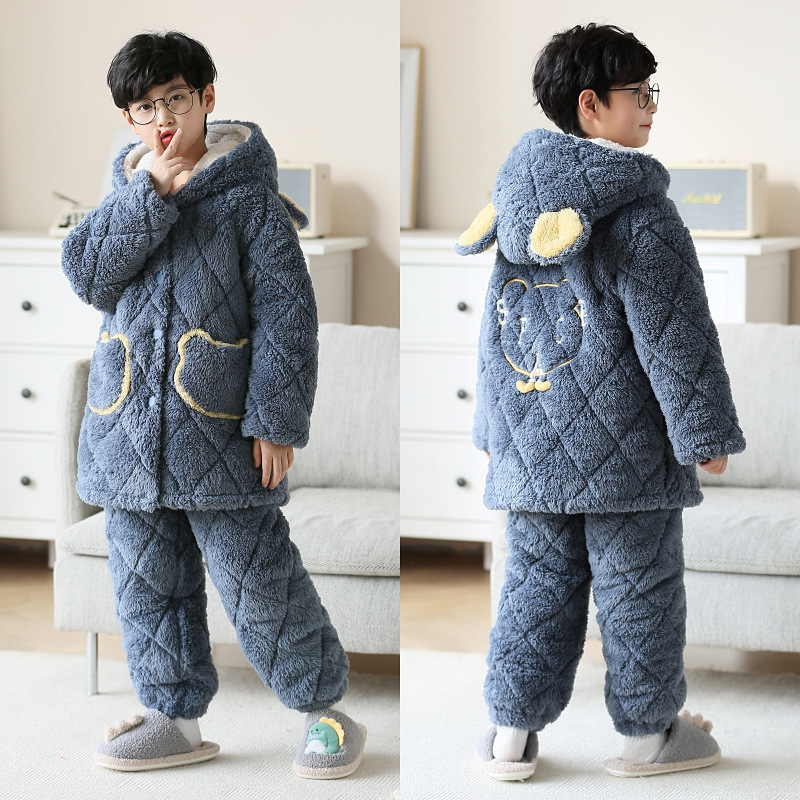 2023冬季童儿童睡衣法兰绒中长款三层夹棉加厚孩中大童家居服