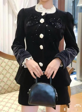 现货发特价高版本2025秋冬新款加棉黑色丝绒外套+半裙时尚两件套