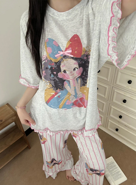 甜美可爱卡通少女印花女款睡衣夏季2026新款小个子短袖长裤家居服