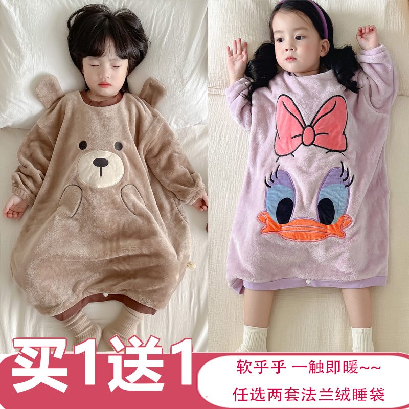 儿童睡袋秋冬新款法兰绒加绒加厚保暖防风超萌卡通动物睡衣睡裙
