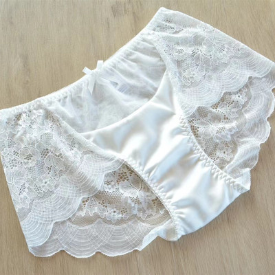 出口白色清爽透气色丁网沙蕾丝性感女士中腰三角内裤小平角有大码