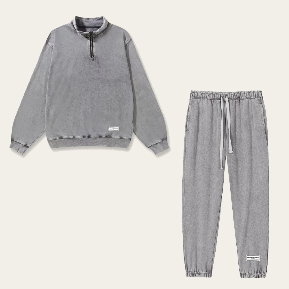 TGM 棉质复古做旧半拉链卫衣+卫裤两件套 简约时尚休闲情侣装