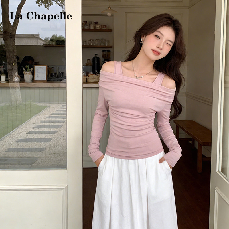 拉夏贝尔独特绝美露肩长袖假两件T恤女2026春新款好看的掐腰上衣,女装/女士精品,T恤,淘宝优惠券,粉丝福利购,淘宝优惠卷