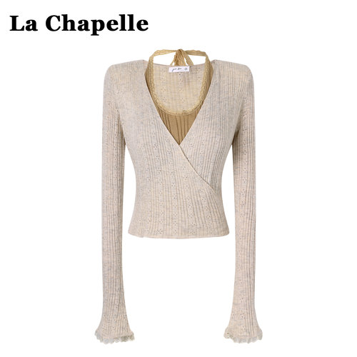 拉夏贝尔纯欲蕾丝拼接针织衫