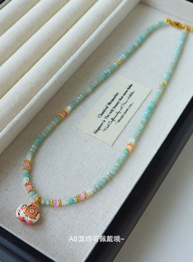 原创新中式彩色滴油双面大象天河石串珠项链高级感时尚复古锁骨链