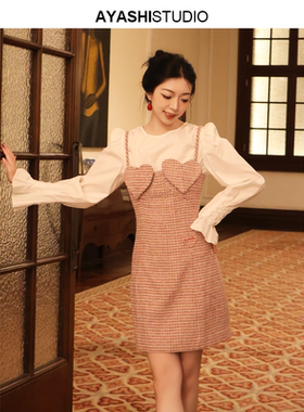 AYASHI【炽云】日本进口羊毛花呢甜美爱心吊带小香风连衣裙氛围感
