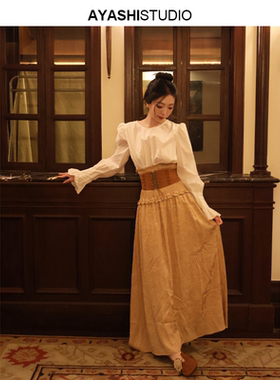 AYASHI【岚岫】明星同款意大利纯棉3D立裁捏褶挺括喇叭袖圆领衬衫