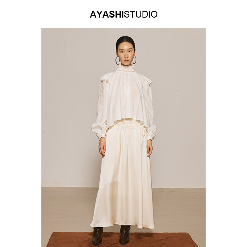 AYASHI【弥绡】日本高密度超细天丝旦A拖尾捏褶高领法式上衣衬衫