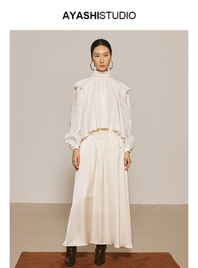 AYASHI【弥绡】日本高密度超细天丝旦A拖尾捏褶高领法式上衣衬衫