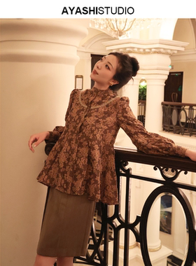 AYASHI【金缕】 桑蚕丝水洗提花 立裁捏褶裙摆圆领法式长袖衬衫