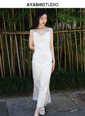 AYASHI【缎间影】丝光缎蕾丝拼接立裁斜裁垂荡吊带礼服长裙优雅