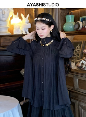 AYASHI【蹙珠】赖美云明星同款进口立裁镂空捏褶长袖高领法式衬衫