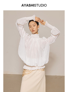 AYASHI【鎏 · 光】进口定制丝光铜纤维灯笼袖宫廷复古打揽衬衫