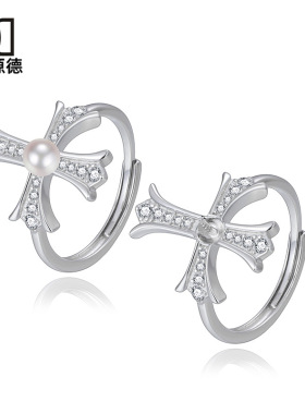 925纯银珍珠戒指女小众设计高级感十字架个性潮流开口指环