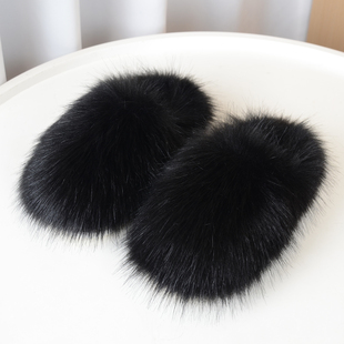 甜美毛绒居家棉拖鞋女冬季保暖平底黑色毛毛拖鞋