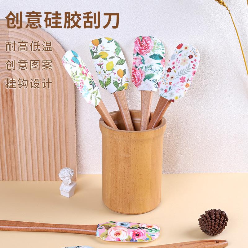 花朵硅胶刮刀木手柄牛油刮刀分体式蛋糕奶油抹刀耐高温烘焙搅拌刀