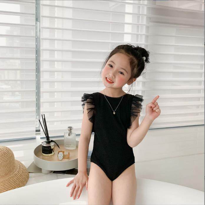 女童夏装公主泳衣宝宝纯色蕾丝袖连体小童露背背心泳衣连体游泳衣