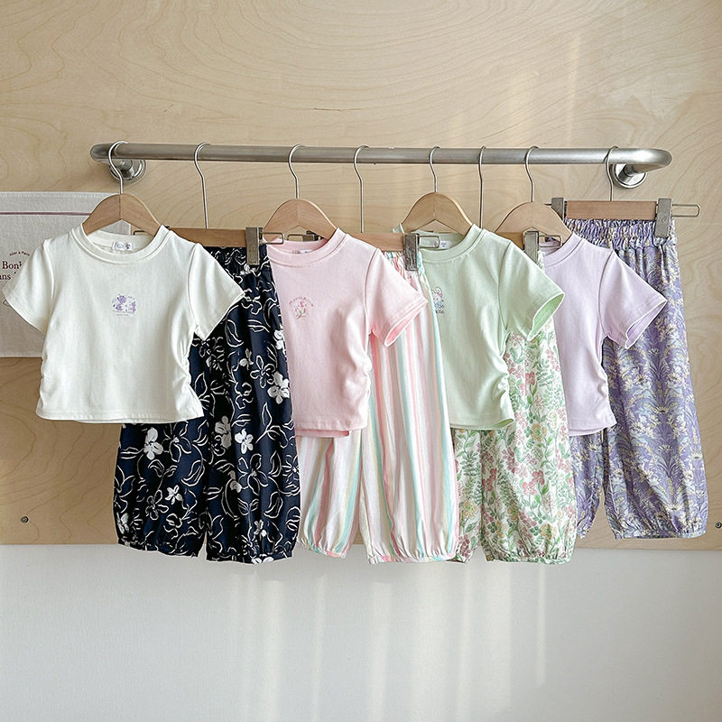 女童夏季套装 韩版短袖T恤印花哈伦裤子柔软舒适棉质沙滩裤两件套