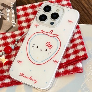 RS|  冰透imd材质复古可爱草莓猫咪适用于苹果16手机壳15promax小红书爆款手机挂件iphone14韩系保护套