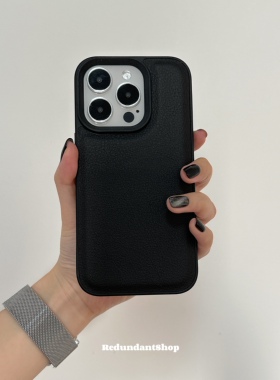 Redundant｜荔枝纹苹果16promax复古ins风简约15pro黑色软壳大孔防摔小众保护套14皮质