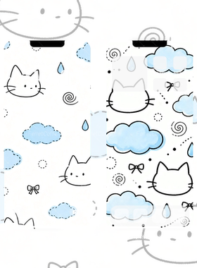猫猫简笔画蓝白 蓝色云朵蝴蝶结原创高清手机头像壁纸2张 BI_0050